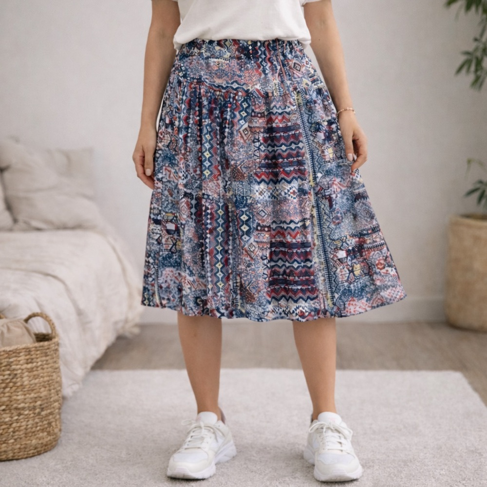 Junee Patterned Blue and Red Womens Flare Lightweight Skirt size XL Knee Length